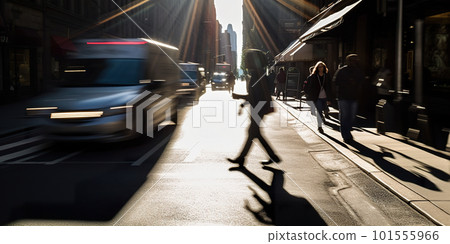 A blurry photo of a person walking down a street. AI generative image . Motion blur. 101555966