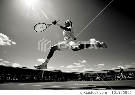 A tennis player jumping in the air with a racket. AI generative image 101555995