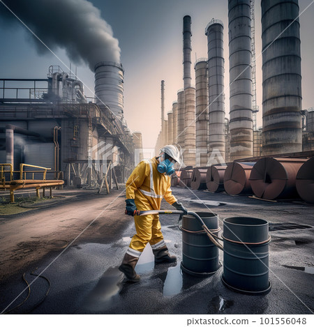 A man in a yellow coverall is spraying water on a street. AI generative image A man in a yellow coverall is spraying water on a street. AI generative image 101556048