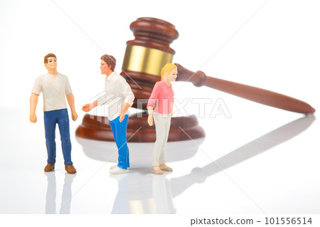 Miniature people. people solve dispute and relationship near gavel of law and justice 101556514