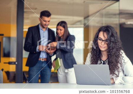 Team work discussing. Young woman with paper folder. Team work discussing. Young woman with paper folder. 101556768