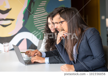 Business team collaborating on project together, using laptops. Business colleagues in casual working together in contemporary office space. 101556856