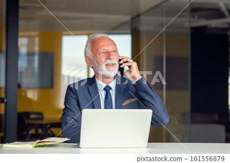 Handsome smiling senior man while sitting at his cozy workplace with laptop at home, retired male chatting with friends in social media, 101556879