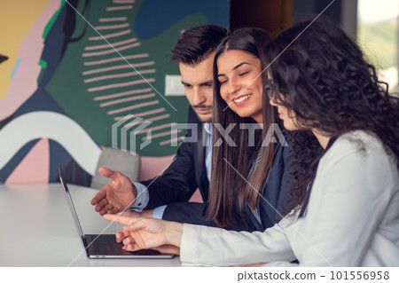 Business team collaborating on project together, using laptops. Business colleagues in casual working together in contemporary office space. 101556958
