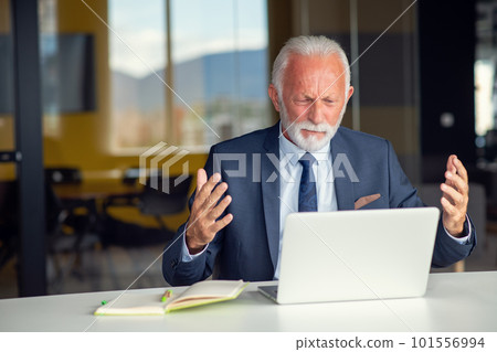 Handsome smiling senior man while sitting at his cozy workplace with laptop at home, retired male chatting with friends in social media, 101556994