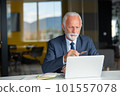 Handsome smiling senior man while sitting at his cozy workplace with laptop at home, retired male chatting with friends in social media, 101557078