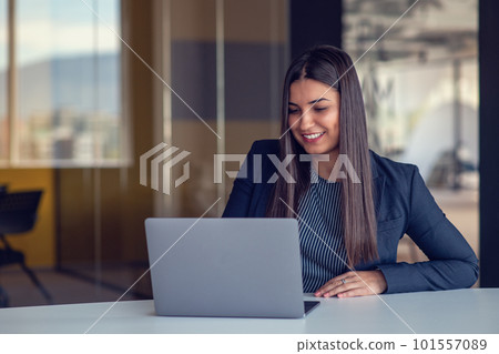 Portrait of beautiful businesswoman working with laptop at office. Business concept. Portrait of modern successful female leader 101557089