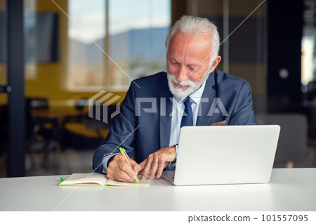 Handsome smiling senior man while sitting at his cozy workplace with laptop at home, retired male chatting with friends in social media, Handsome smiling senior man while sitting at his cozy workplace with laptop at home, retired male chatting with friends in social media, 101557095