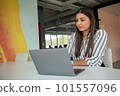 Hipster Girl use Laptop huge Loft Studio.Student Researching Process Work.Young Business Woman Working Creative Startup modern Office. 101557096