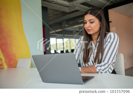 Hipster Girl use Laptop huge Loft Studio.Student Researching Process Work.Young Business Woman Working Creative Startup modern Office. Hipster Girl use Laptop huge Loft Studio.Student Researching Process Work.Young Business Woman Working Creative Startup modern Office. 101557096