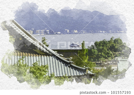 Watercolor-style Miyajima Ferry from Daisho-in Temple, Hatsukaichi City, Hiroshima Prefecture 101557193