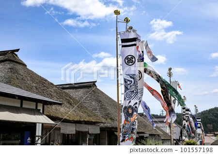 Original scenery of Japan (townscape with thatched roofs with carp streamers) Ouchijuku, Shimogo Town, Fukushima Prefecture Original scenery of Japan (townscape with thatched roofs with carp streamers) Ouchijuku, Shimogo Town, Fukushima Prefecture 101557198