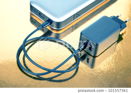Power bank and charging plug with cable on a golden background. 101557361