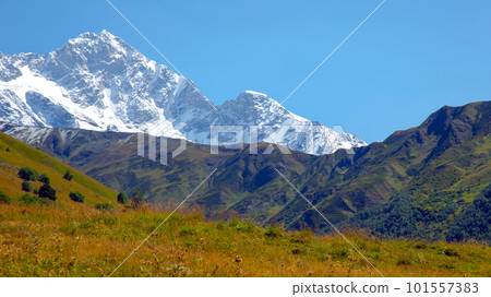 landscape of green grass and snowy mountains. Trekking and travel in Georgia 101557383