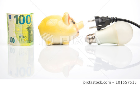 Piggy bank, LED lamp and electric cable plug. Saving electricity. Energy saving concept Piggy bank, LED lamp and electric cable plug. Saving electricity. Energy saving concept 101557513