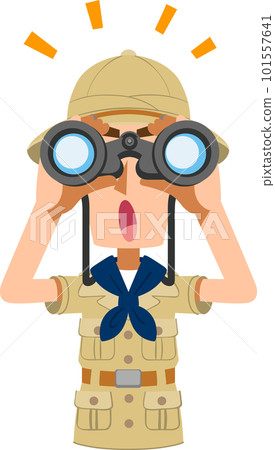 Upper body of a male explorer looking through binoculars and discovering something Upper body of a male explorer looking through binoculars and discovering something 101557641