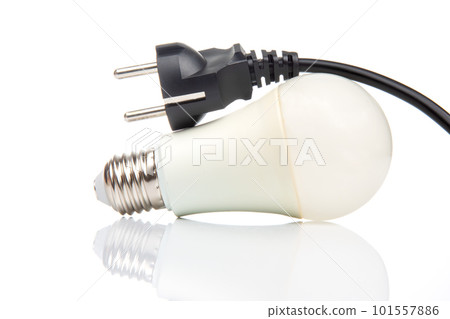 LED lamp and electric cable plug. Saving electricity. Energy saving concept 101557886
