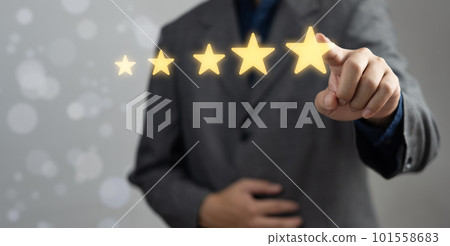 business evaluation concept,Businessman pointing five star symbol Increase rating,Customer Experience Concept. Best Excellent Services for Satisfaction. business evaluation concept,Businessman pointing five star symbol Increase rating,Customer Experience Concept. Best Excellent Services for Satisfaction. 101558683
