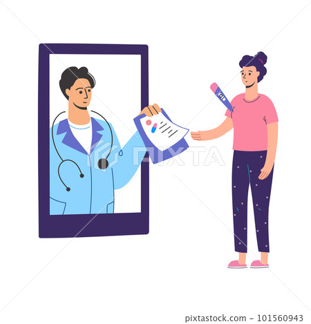 Virtual doctor. Get sick leave online using your smartphone. Self-isolation, quarantine, pandemic. Mobile consultation, smart medical assistance. Modern telemedicine, cartoon character, Vector Virtual doctor. Get sick leave online using your smartphone. Self-isolation, quarantine, pandemic. Mobile consultation, smart medical assistance. Modern telemedicine, cartoon character, Vector 101560943