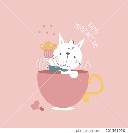 cute cat holding cupcake in cup with heart, happy valentine's day, birthday, love concept 101561058