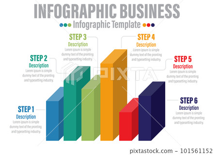 6 Steps or six option Vector creative infographic of columns bar chart with seven options. Modern comparison business table isolated on transparent background. Design timeline with data slide template 101561152