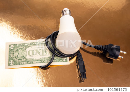 Dollars, LED lamp and electric cable plug. Saving electricity. Energy saving concept 101561373
