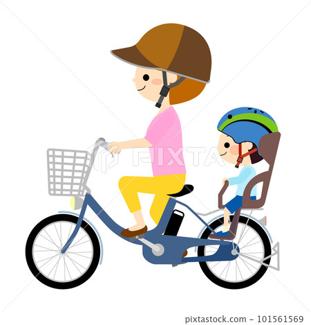 Parent and child wearing a bicycle helmet and riding an electric assist bicycle 101561569