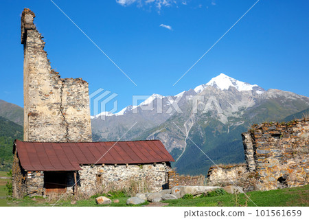 View of a village with old Svan towers in Georgia. travel in the mountains View of a village with old Svan towers in Georgia. travel in the mountains 101561659