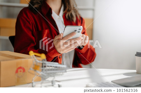 Young woman holding a smartphone showing payment success and credit card with yellow parcel box as online shopping concept Young woman holding a smartphone showing payment success and credit card with yellow parcel box as online shopping concept 101562316