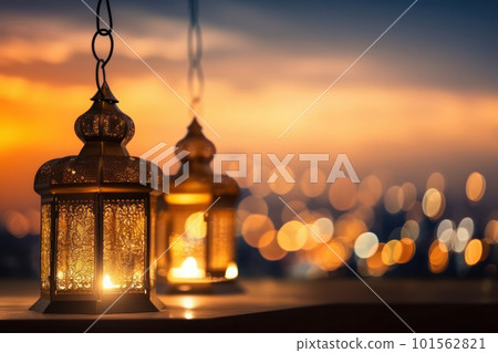 beautifully decorated home interior with lanterns and candles creates a cozy and warm atmosphere for the Muslim holiday of Eid al-Fitr. Ai Generative beautifully decorated home interior with lanterns and candles creates a cozy and warm atmosphere for the Muslim holiday of Eid al-Fitr. Ai Generative 101562821