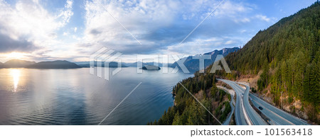Aerial View of Sea to Sky Highway in Howe Sound. Sunset Sky. 101563418