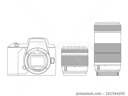 單鏡頭反光相機和雙變焦鏡頭的線描插圖 單鏡頭反光相機和雙變焦鏡頭的線描插圖 101564205