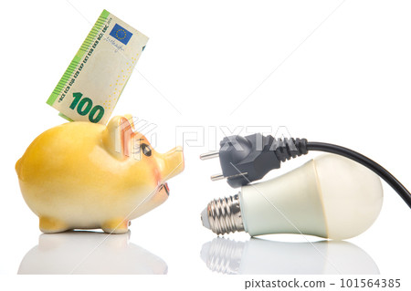 Piggy bank, LED lamp and electric cable plug. Saving electricity. Energy saving concept Piggy bank, LED lamp and electric cable plug. Saving electricity. Energy saving concept 101564385
