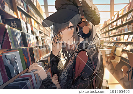 Beautiful girl with headphones standing in the library 101565405