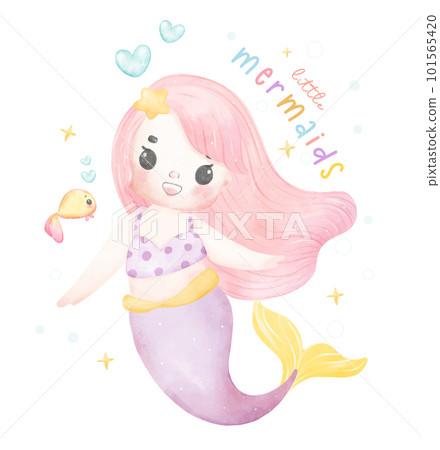 Cute sweet colorful pastel watercolor happy joyful little mermaid pink hair, whimsical adorable children cartoon character hand painting illustration 101565420