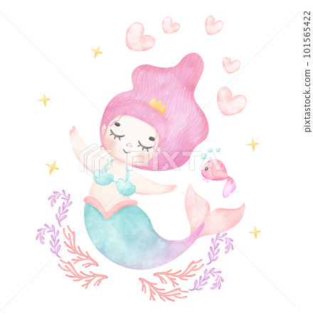 Cute sweet colorful pastel watercolor happy joyful little mermaid purple hair, whimsical adorable children cartoon character hand painting illustration Cute sweet colorful pastel watercolor happy joyful little mermaid purple hair, whimsical adorable children cartoon character hand painting illustration 101565422