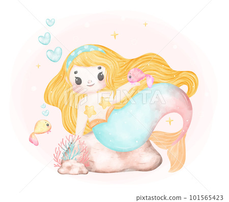 Cute sweet colorful pastel watercolor happy joyful little mermiad with fishes friends, whimsical adorable children cartoon character hand painting illustration Cute sweet colorful pastel watercolor happy joyful little mermiad with fishes friends, whimsical adorable children cartoon character hand painting illustration 101565423