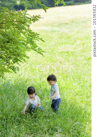 My older sister and brother playing in a fresh green park 101565832