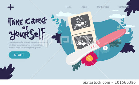 A positive pregnancy test result, a photo of a baby on an ultrasound scan, a large belly of a pregnant woman. Cartoon. Vector 101566386