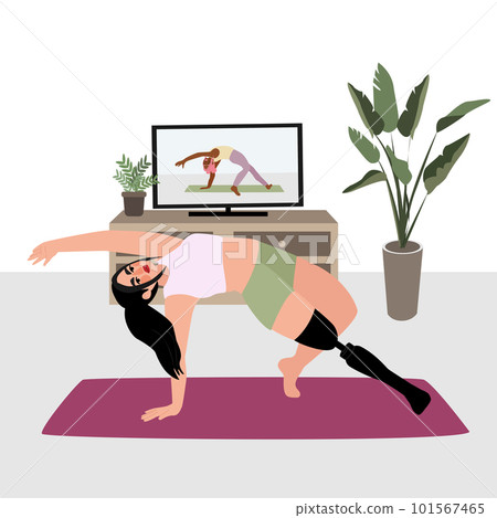 Young woman with disabilities doing yoga workout Young woman with disabilities doing yoga workout 101567465