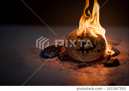 Burning in fire golden bitcoin on black background, Bitcoin coin in flames, burn cryptocurrency bit coin money, crash and blockchain bubble, Generative AI Burning in fire golden bitcoin on black background, Bitcoin coin in flames, burn cryptocurrency bit coin money, crash and blockchain bubble, Generative AI 101567503