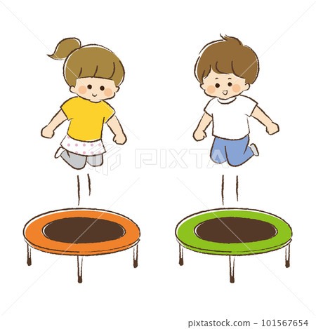 Set of boys and girls playing on a home trampoline Set of boys and girls playing on a home trampoline 101567654