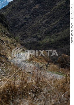 Gravel road and landscape in Shamsi gorge . Kyrgyzstan 101568211