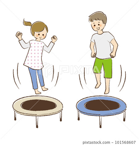 A set of men and women playing on a home trampoline A set of men and women playing on a home trampoline 101568607