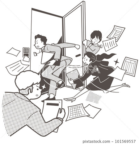 四個商務人士(男人和女人)跳進會議室。他們充滿動力。 四個商務人士(男人和女人)跳進會議室。他們充滿動力。 101569557