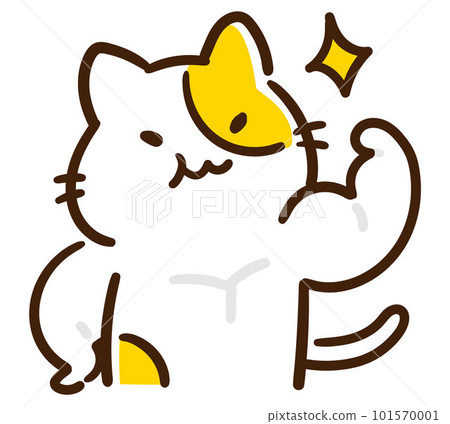 A hand-drawn illustration of a cute cat character who is full of motivation to show off his muscles 101570001