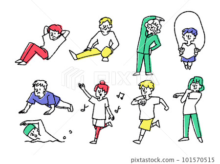 Illustration material set of people of various ages doing exercise 101570515