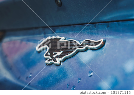 Ford Mustang metallic logo closeup on Ford Mustang electric car. Exhibitors present most interesting aspects of the automotive industry 101571115