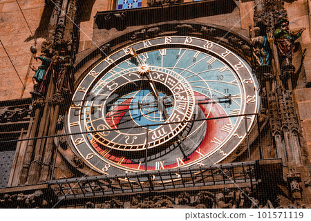 The medieval astronomical clock in the Old Town square in Prague, Czechia 101571119