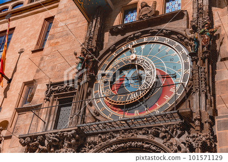 The medieval astronomical clock in the Old Town square in Prague, Czechia The medieval astronomical clock in the Old Town square in Prague, Czechia 101571129